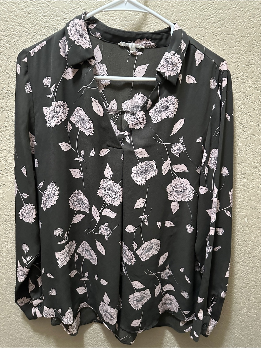 Maurice’s Women’s Black Floral Button-Front Blouse with Pale Pink Bloom Print